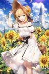  1girl :d arm_behind_back arm_up artoria_pendragon_(all) bangs belt belt_buckle black_belt blonde_hair blush breasts brown_headwear buckle building commentary_request detached_sleeves dress eyebrows_visible_through_hair fate/grand_order fate_(series) feet_out_of_frame field flower flower_field gabiran green_eyes hair_between_eyes hand_on_headwear hat hat_flower holding looking_at_viewer open_mouth puffy_short_sleeves puffy_sleeves saber shirt short_sleeves small_breasts smile solo standing straw_hat sunflower white_dress white_shirt white_sleeves yellow_flower 