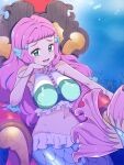  1girl alternate_breast_size aqua_eyes bracelet breasts chair commentary_request covered_navel hair_ornament head_fins highres jewelry large_breasts laura_(precure) long_hair looking_at_viewer mermaid midriff monster_girl navel open_mouth pink_hair precure sitting smile solo thick_eyebrows tropical-rouge!_precure underwater zootan 