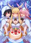  3girls black_hair blonde_hair breasts cake coat fate/grand_order fate_(series) food hat highres hildr_(fate) holding holding_cake holding_food looking_at_viewer meiji_ken multiple_girls open_mouth ortlinde_(fate) pink_hair red_eyes smile snowflakes thrud_(fate) valkyrie_(fate) white_coat 
