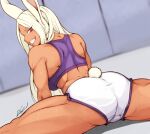  1girl absurdres animal_ears ass back bare_shoulders boku_no_hero_academia breasts bunny_ears bunny_tail commission highres large_breasts long_hair looking_at_viewer mirko muscular muscular_female parted_lips red_eyes senacolada shorts sleeveless solo split tail teeth 