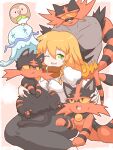  1girl :&lt; bangs bird black_skirt blonde_hair blouse blush bow braid cat closed_mouth commentary_request cookie_(touhou) feet_out_of_frame gen_7_pokemon green_eyes hair_between_eyes hair_bow highres incineroar juliet_sleeves kirisame_marisa litten long_hair long_sleeves looking_at_another looking_to_the_side manatsu_no_yo_no_inmu mars_(cookie) open_mouth owl pokemon puffy_sleeves red_scarf rowlet scarf side_braid single_braid skirt standing sunglasses takuya_(acceed) torracat touhou usb_port white_blouse white_bow 
