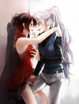  2girls blue_eyes breast_grab cup dress drinking_glass fingering formal grabbing holding holding_hair hug kuma_(bloodycolor) long_hair multiple_girls panties pants pussy_juice red_dress red_hair red_panties ruby_rose rwby scar scar_across_eye short_hair silver_hair suit tongue tongue_out underwear vest weiss_schnee white_hair wine_glass yuri 