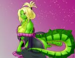  alligator alligatorid anthro asian_clothing big_breasts blonde_hair breasts cela cleavage clothed clothing crocodilian east_asian_clothing emoti female hair japanese_clothing kimono red_eyes reptile scalie simple_background 