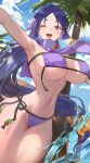  1girl arm_up armpits bangs bare_shoulders beach beads bikini blue_sky breasts choker cleavage eyepatch_bikini fate/grand_order fate_(series) hood_(james_x) large_breasts long_hair looking_at_viewer low-tied_long_hair minamoto_no_raikou_(fate) minamoto_no_raikou_(swimsuit_lancer)_(fate) navel one_eye_closed open_mouth palm_tree parted_bangs purple_bikini purple_eyes purple_hair sky smile solo swimsuit tabard tassel thighs tree very_long_hair water 