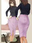  1girl animal ass black_eyes black_sweater brown_hair cat feet_out_of_frame highres long_hair long_sleeves looking_down mirror open_clothes open_mouth open_skirt orange_legwear original pantyhose pantylines pencil_skirt pink_skirt reflection setu_kurokawa skirt solo standing sweater twitter_username undressing 