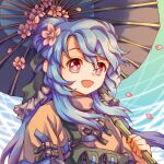  1girl blue_hair flower green_headwear hair_flower hair_ornament haniyasushin_keiki holding holding_umbrella hood hotpot_(876886120) long_hair looking_at_viewer oil-paper_umbrella open_mouth red_eyes shirt tied_hair touhou umbrella umbrella_on_arm upper_body yellow_shirt 