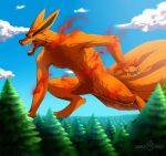  5_fingers 9_tails black_nose canid canine claws day digitigrade fingers forest fox fur humanoid_hands kurama kyuubicore macro male mammal multi_tail naruto open_mouth orange_body orange_fur orange_tail outside plant red_eyes sky solo tailed_beast tree 