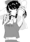  1girl armpits arms_behind_head arms_up ascot bangs black_hair blush bow breasts detached_sleeves eyebrows_visible_through_hair greyscale hair_bow hair_tubes hakurei_reimu highres looking_at_viewer midriff midriff_peek monochrome navel ribbon_trim sarashi skirt smile solo touhou white_background yamabukiiro_(browncat) 