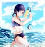  1girl absurdres bangs barefoot bikini bikini_shorts blue_bikini blue_eyes blue_hair braid braided_ponytail day grin healin&#039;_good_precure highres holding holding_water_gun kmcho_902 medium_hair midriff navel ocean outdoors parted_bangs pegitan_(precure) ponytail precure sawaizumi_chiyu see-through shiny shiny_hair shorts smile solo standing standing_on_one_leg stomach summer swimsuit water_gun 