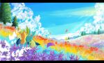  catsbell cloud commentary_request cuddling day field flower flower_field from_behind gen_4_pokemon glaceon leafeon light_beam no_humans outdoors petals pokemon pokemon_(creature) sky tree 