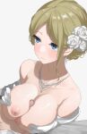  1boy 1girl blue_eyes blush breast_squeeze breasts censored closed_mouth earrings flower gloves greyscale hair_flower hair_ornament hetero highres jewelry kaminari_doon large_breasts monochrome mosaic_censoring nipples original paizuri penis simple_background solo_focus white_gloves 
