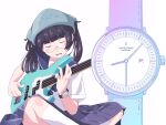  1girl bangs black_hair black_skirt blunt_bangs closed_eyes feet_out_of_frame glasses guitar highres instrument long_hair nordgreen open_mouth original pleated_skirt shirt short_sleeves sitting skirt solo tariki_fretless watch white_legwear white_shirt wristwatch 