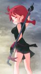  1girl absurdres arm_up bare_shoulders black_dress black_shorts braid breasts commentary dress feet_out_of_frame from_side gloves grin half-closed_eyes highres holding holding_pipe kemurikusa long_hair looking_at_viewer medium_breasts pipe red_hair ryou_(kemurikusa) sat-c short_shorts shorts shorts_under_dress sleeveless sleeveless_dress smile solo wind 