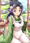  1girl :d absurdres ama_usa_an_uniform apron bangs black_hair blush bowl breasts commentary_request cosplay day eyebrows_visible_through_hair flower food frilled_apron frills fruit gochuumon_wa_usagi_desu_ka? green_kimono hair_flower hair_ornament hands_up highres holding holding_tray idolmaster idolmaster_cinderella_girls japanese_clothes kimono kiwi_slice long_hair medium_breasts mizuno_midori open_mouth outdoors parted_bangs polka_dot purple_eyes smile solo striped tray ujimatsu_chiya ujimatsu_chiya_(cosplay) uniform vertical-striped_kimono vertical_stripes very_long_hair waitress white_apron white_flower zenon_(for_achieve) 