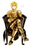  ... 1boy armor armored_boots bangs black_cape blonde_hair boots breastplate brown_eyes cape chair closed_mouth commentary_request cross crossed_arms crossed_legs eyebrows_visible_through_hair full_body gauntlets hair_between_eyes leg_armor looking_at_viewer lord_knight_(ragnarok_online) male_focus medium_hair pauldrons ragnarok_online retgra shoulder_armor simple_background solo spiked_gauntlets spoken_ellipsis tabard white_background 