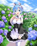  1girl 2020 :d animal_ear_fluff animal_ears apron artist_name bangs black_ribbon black_skirt black_sleeves blue_eyes blue_flower blue_hair blue_sky blurry blurry_background blurry_foreground breasts cat_ears cleavage cloud day detached_collar detached_sleeves flower frilled_skirt frilled_sleeves frills hair_ornament hair_ribbon highres hydrangea index_finger_raised kemonomimi_mode lilia_creative long_sleeves looking_at_viewer medium_breasts medium_skirt neck_ribbon open_mouth outdoors pantyhose pink_ribbon purple_flower re:zero_kara_hajimeru_isekai_seikatsu rem_(re:zero) ribbon roswaal_mansion_maid_uniform shiny shiny_hair short_hair signature skirt sky smile solo standing underbust waist_apron watermark white_apron white_legwear x_hair_ornament 