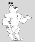  2021 abs anthro balls canid canine canis clothing domestic_dog dudley_puppy erection genitals grey_background greyscale hand_on_hip hi_res humanoid_genitalia humanoid_penis ineffective_clothing looking_at_viewer male mammal monochrome muscular muscular_anthro muscular_male navel nekazzy nickelodeon nipples one_eye_closed pecs penis poking_out simple_background smile smirk solo standing t.u.f.f._puppy thong underwear wink 
