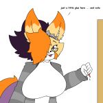  absurd_res anthro big_breasts breasts canid canine clothed clothing dialogue eyewear female fox glasses hair hair_over_eye hi_res jhenightfox julie_(jhenightfox) mammal one_eye_obstructed orange_hair 