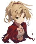  1girl absurdres bangs blonde_hair braid breasts commentary_request fate/apocrypha fate_(series) french_braid green_eyes hair_ornament hair_scrunchie highres jacket jewelry looking_at_viewer mordred_(fate) mordred_(fate)_(all) open_clothes open_jacket ponytail red_jacket red_scrunchie same_(sendai623) scrunchie simple_background small_breasts smile solo upper_body white_background 