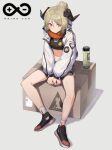  1girl absurdres ankle_socks arknights bangs between_legs black_footwear black_shirt blonde_hair blush box breasts brown_shorts cardboard_box closed_mouth commentary_request crop_top cup drink eyebrows_behind_hair full_body hair_between_eyes hair_bun hand_between_legs highres horns ifrit_(arknights) jacket koi0806 long_sleeves looking_at_viewer midriff navel open_clothes open_jacket orange_eyes orange_scarf oripathy_lesion_(arknights) rhine_lab_logo rhodes_island_logo scarf shadow shirt shoes short_hair shorts sidelocks simple_background sitting small_breasts smile sneakers solo tail white_background white_jacket white_legwear 