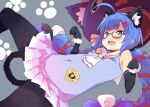  1girl :d animal_ear_fluff animal_ears animal_hat bare_shoulders black_gloves black_legwear black_tail blue_eyes blue_hair cat_ears cat_hat covered_navel dress elbow_gloves fang fur-trimmed_gloves fur_trim glasses gloves grey_background hair_ornament hat long_hair open_mouth otomachi_una pantyhose paw_background paw_pose petenshi_(dr._vermilion) red-framed_eyewear sailor_collar sidelocks sleeveless smile solo twintails very_long_hair voiceroid 