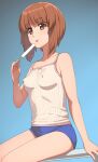  1girl :p a1 bangs blue_shorts blunt_bangs breasts brown_eyes brown_hair collarbone commentary_request covered_nipples eyebrows_visible_through_hair food girls_und_panzer holding holding_food medium_breasts nishizumi_miho popsicle short_hair short_shorts shorts sitting sleeveless solo striped thighs tongue tongue_out vertical_stripes 