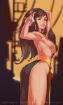  1girl absurdres ass bare_shoulders belt bracelet breasts brown_eyes brown_hair china_dress chinese_clothes chun-li cleavage curvy dress highres hip_focus jewelry large_breasts long_hair looking_at_viewer self_upload simple_background smile solo spiked_bracelet spikes stomach street_fighter thighs upsi1on 