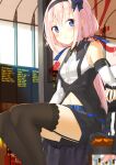  .live absurdres airport black_legwear blush breasts carro_pino detached_sleeves hair_between_eyes hair_ornament headband highres long_hair looking_at_viewer low_twintails navel o_daizen purple_eyes purple_hair sitting small_breasts thighhighs twintails virtual_youtuber 