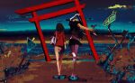  2girls black_hair blonde_hair europe_europa full_body glitch highres hood hoodie kamikoshi_sorao multiple_girls nishina_toriko ocean outdoors red_hoodie road_sign sign sky torii urasekai_picnic 