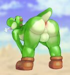  anonymous_artist anus balls bent_over bodily_fluids butt clothing exhausted footwear genitals heat_(temperature) hi_res looking_back male mario_bros nintendo outside solo sweat video_games yoshi 