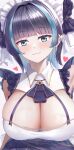  1girl :3 absurdres azur_lane bangs blue_hair blue_ribbon blunt_bangs breasts cheshire_(azur_lane) cleavage cleavage_cutout closed_mouth clothing_cutout dress earrings eyebrows_visible_through_hair eyelashes heart highres jewelry large_breasts light_blush looking_at_viewer maid_headdress multicolored_hair ribbon shenqi_(toid310) shiny shiny_hair short_hair sidelocks simple_background smile solo two-tone_hair upper_body wet 