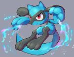  closed_mouth commentary energy full_body gen_4_pokemon grey_background highres no_humans nullma pokemon pokemon_(creature) red_eyes riolu shiny simple_background smile solo toes 