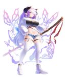  1girl bug butterfly choker draph garter_straps gooak granblue_fantasy hair_ornament highres horns insect long_hair narmaya_(granblue_fantasy) oversized_clothes ponytail purple_eyes purple_hair shoes shorts simple_background sneakers sword thighhighs weapon 