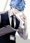  1boy adjusting_eyewear alternate_costume black_neckwear black_vest blue_eyes blue_hair collared_shirt ears fate/grand_order fate_(series) glasses hans_christian_andersen_(adult)_(fate) hans_christian_andersen_(fate) highres holding holding_paper jitome koshika_rina long_sleeves male_focus older pale_skin paper parted_lips shirt short_hair solo striped vest 