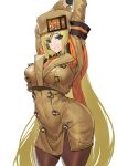  1girl arm_scarf arms_up ashiomi_masato bangs black_gloves blonde_hair blue_eyes breasts brown_coat brown_headwear buttons coat eyebrows_visible_through_hair fur_hat gloves guilty_gear guilty_gear_strive hair_between_eyes hat large_breasts leggings long_hair looking_at_viewer millia_rage simple_background solo standing thighhighs ushanka very_long_hair white_background wide_hips 