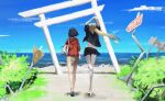  2girls black_hair blonde_hair europe_europa full_body highres hood hoodie kamikoshi_sorao multiple_girls nishina_toriko ocean outdoors red_hoodie road_sign sign sky torii urasekai_picnic 