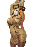  1girl arm_scarf arms_up ashiomi_masato bangs black_gloves blonde_hair blue_eyes breasts brown_coat brown_headwear buttons coat eyebrows_visible_through_hair fur_hat gloves guilty_gear guilty_gear_strive hair_between_eyes hat large_breasts leggings looking_at_viewer millia_rage short_hair simple_background solo standing thighhighs ushanka white_background wide_hips 