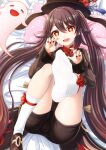  1girl bed_sheet black_shorts brown_hair feet foot_focus genshin_impact ghost hat highres hu_tao jewelry legs long_hair lying nail_polish no_shoes on_back open_mouth pillow red_eyes ring shorts smile socks soles solo symbol-shaped_pupils twintails very_long_hair zzt_(zztsama) 