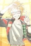  1boy absurdres blonde_hair blue-framed_eyewear closed_eyes ensemble_stars! facing_viewer glasses grin headset highres idol idol_clothes jacket male_focus open_clothes open_jacket short_hair smile solo sparkle sweat yuuki_makoto_(ensemble_stars!) 