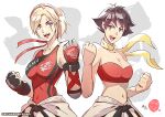  2girls back-to-back bare_shoulders belt black_belt black_hair blonde_hair blue_eyes bra breasts brown_eyes choker cleavage clenched_hands clothes_around_waist crossover dougi english_commentary fingerless_gloves gloves karate karate_gi large_breasts lidia_sobieska makoto_(street_fighter) multiple_girls open_mouth red_bra ribbon_choker richard_suwono scar scar_across_eye short_hair short_ponytail strapless strapless_bra street_fighter street_fighter_iii_(series) tank_top tekken tekken_7 trait_connection underwear 