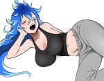  1girl arm_support blue_hair breasts cleavage closed_eyes genderswap genderswap_(mtf) idia_shroud large_breasts long_hair lying nato_(maanguito) navel on_side open_mouth pants sharp_teeth simple_background solo sweatpants tank_top teeth twisted_wonderland white_background yawning 