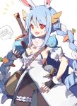  1girl :d animal_ear_fluff animal_ears bangs black_gloves black_leotard blue_hair braid breasts brown_legwear bunny_ears commentary_request don-chan_(usada_pekora) dragon_quest dress eyebrows_visible_through_hair fingerless_gloves fur-trimmed_gloves fur_trim gloves hair_between_eyes hand_on_hip holding hololive leotard multicolored_hair notice_lines on_shoulder open_mouth pantyhose red_eyes shadowsinking short_eyebrows simple_background slime_(dragon_quest) small_breasts smile strapless strapless_dress strapless_leotard sweat sword thick_eyebrows twin_braids twintails two-tone_hair usada_pekora virtual_youtuber weapon weapon_on_back white_background white_dress white_hair 