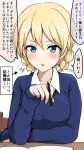  1girl arrow_(symbol) bangs black_neckwear blonde_hair blue_eyes blue_sweater blush braid commentary_request darjeeling_(girls_und_panzer) dress_shirt eyebrows_visible_through_hair flying_sweatdrops frown girls_und_panzer highres holding holding_pen long_sleeves looking_at_viewer necktie no_emblem open_mouth partial_commentary pecayuya pen school_uniform shirt short_hair solo st._gloriana&#039;s_school_uniform sweater tied_hair translated twin_braids v-neck white_shirt wing_collar 