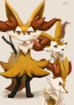 1girl :3 animal_ear_fluff animal_ears animal_nose arms_behind_back artist_name beige_background black_fur blush body_fur braixen closed_mouth commentary fang flat_chest fox_ears fox_girl fox_tail from_side full_body furry gen_6_pokemon hand_on_own_face hand_up happy highres ikei licking_lips light_blush looking_at_viewer looking_to_the_side multiple_views open_mouth paws pokemon pokemon_(creature) profile red_eyes signature simple_background sketch skin_fang smile snout standing straight-on tail tongue tongue_out upper_body white_fur yellow_fur 