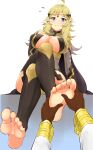  1boy 1girl absurdres ahoge bangs barefoot blonde_hair blue_eyes breasts bridal_gauntlets circlet commission commissioner_upload feet fire_emblem fire_emblem_fates fire_emblem_heroes foot_massage highres igni_tion kiran_(fire_emblem) large_breasts looking_at_viewer male_hand ophelia_(fire_emblem) sitting thighhighs turtleneck 