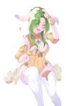  1girl ? absurdres animal_ears blush breasts bunny_ears cleavage collarbone covered_navel detached_sleeves elincia_ridell_crimea english_commentary eyebrows_visible_through_hair eyes_visible_through_hair fake_animal_ears feet_out_of_frame fire_emblem fire_emblem:_path_of_radiance fire_emblem_heroes flower green_hair hand_on_head highres leotard looking_at_viewer open_mouth ritence sidelocks simple_background smile solo tareme thick_thighs thighhighs thighs tongue twitter_username white_background white_legwear wrist_cuffs yellow_eyes 