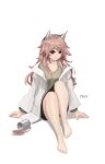  1girl absurdres animal_ears artist_name bare_legs barefoot cat_ears coffee coffee_mug commentary cup eyebrows_visible_through_hair fake_animal_ears feet frown full_body girls_frontline highres labcoat legs long_hair looking_at_viewer marpaparp messy_hair mug persica_(girls_frontline) pink_hair red_eyes simple_background sitting solo spill toes white_background 