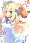  1girl animal_ear_fluff animal_ears bangs bell blonde_hair blue_bow blue_eyes blue_skirt blush bow breasts brown_eyes cat_ears closed_mouth eevee eevee_snow eyebrows_visible_through_hair flower frilled_skirt frills gen_1_pokemon hair_between_eyes hair_bow hair_ornament hairclip hand_up high-waist_skirt index_finger_raised indie_virtual_youtuber jingle_bell kouu_hiyoyo long_hair maid_headdress medium_breasts namesake pokemon pokemon_(creature) red_flower shirt skirt smile striped striped_background two_side_up vertical_stripes very_long_hair virtual_youtuber white_shirt wrist_cuffs 