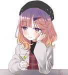  1girl alternate_costume bangs black_footwear blonde_hair blush cocktail_glass cup dated drinking_glass elbow_rest eyebrows_visible_through_hair gradient_hair hair_ornament hairclip hat head_rest holding holding_cup jacket kantai_collection long_sleeves multicolored_hair pink_hair purple_eyes purple_hair simple_background smile solo tsushima_(kancolle) u0709 upper_body white_background 