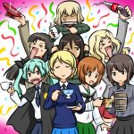  &gt;_&lt; 6+girls :d anchovy_(girls_und_panzer) anger_vein angry animal_print anzio_school_uniform arm_up bangs bear_print beer_mug birthday black_cape black_neckwear black_ribbon black_skirt blazer blonde_hair blouse blue_skirt blue_sweater bob_cut boko_(girls_und_panzer) bottle braid brown_eyes brown_hair cape carrying closed_eyes closed_mouth coca-cola coffee_cup coffee_mug confetti cup darjeeling_(girls_und_panzer) disposable_cup dress_shirt drill_hair facing_viewer frown girls_und_panzer green_hair green_jacket green_skirt grey_jacket grey_shirt grimace hair_intakes hair_ribbon holding holding_bottle holding_cup holding_saucer jacket katyusha_(girls_und_panzer) kay_(girls_und_panzer) kogane_(staygold) kuromorimine_school_uniform long_hair long_sleeves looking_at_another lowres miniskirt mug multiple_girls neckerchief necktie nishi_kinuyo nishizumi_maho nishizumi_miho nonna_(girls_und_panzer) odd_one_out ooarai_school_uniform open_mouth pleated_skirt pravda_school_uniform red_eyes red_shirt red_skirt ribbon sailor_collar sakazuki saucer saunders_school_uniform school_uniform serafuku shirt short_hair shoulder_carry siblings sisters skirt smile soda_bottle spilling st._gloriana&#039;s_school_uniform standing streamers sweater teacup thighhighs tied_hair turtleneck twin_braids twin_drills twintails v-neck white_blouse white_legwear white_sailor_collar white_shirt wing_collar xd 